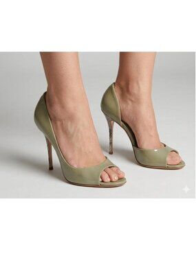 Casadei Italy Patent Leather Heels Size 6.5 Olive Green Peep Toe Stiletto